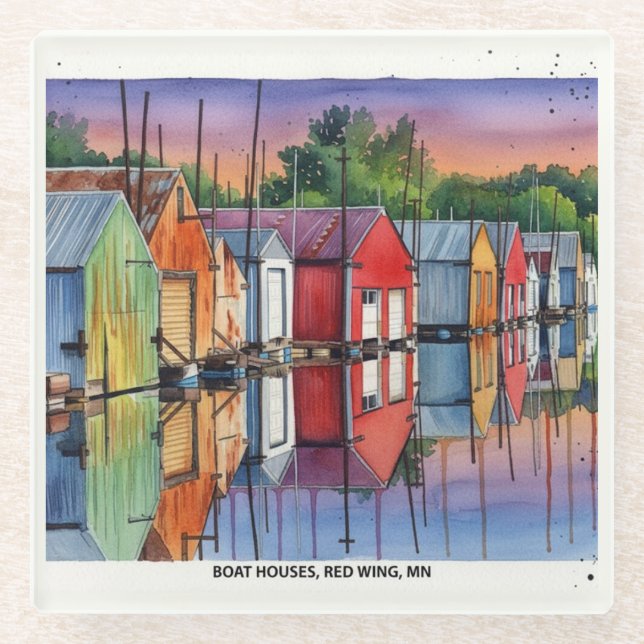 Red Wing, MN Boat Houses, Glass Coaster (Front)