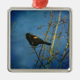 Red-Winged Black Bird singing Metal Tree Decoration