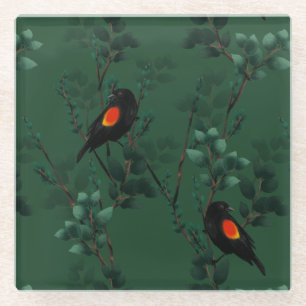 Red-Winged Blackbird Pattern Glass Coaster
