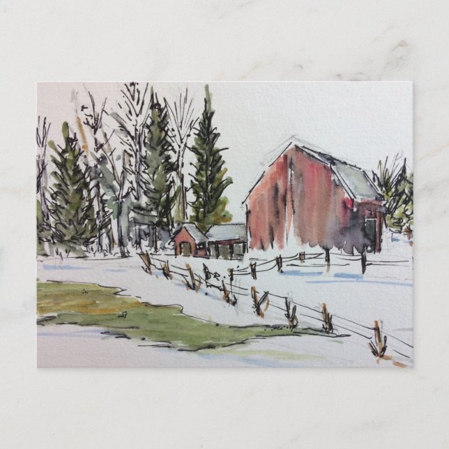 Red Winter Barn Postcard snow covered landscape  (Front)