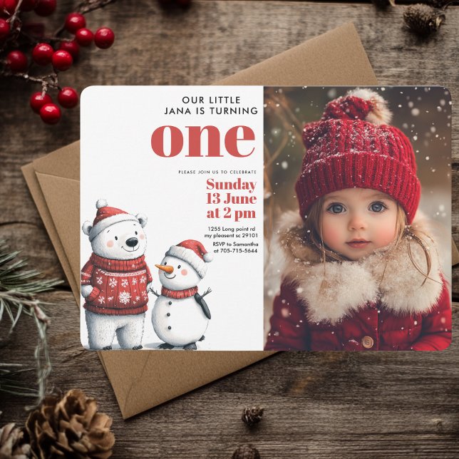 Red Winter Bear & Snowmen Photo Birthday Invitation (Creator Uploaded)