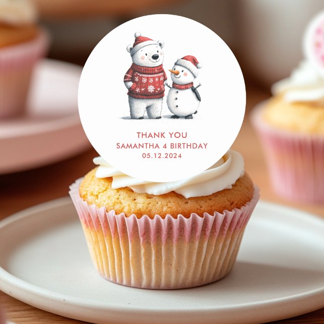 Red Winter Bear & Snowmen Thank You | Winter Classic Round Sticker (Creator Uploaded)