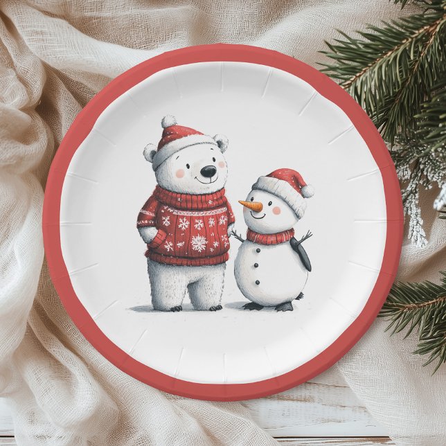 Red Winter Bear & Snowmen | Winter Wonderland Paper Plate (Creator Uploaded)
