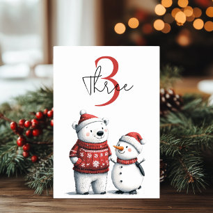 Red Winter Bear & Snowmen Winter Wonderland Table Number