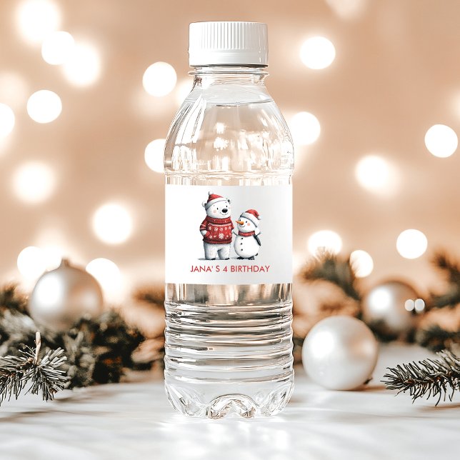 Red Winter Bear & Snowmen | Winter Wonderland Water Bottle Label (Creator Uploaded)