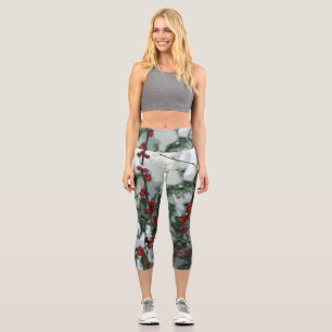 Red Winter Berries Christmas Holiday Women's Capri Leggings