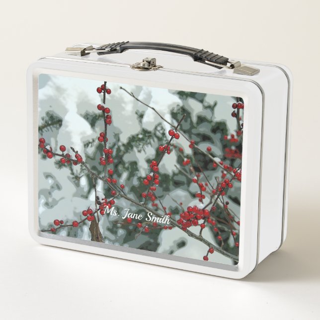 Red Winter Berries Holiday Metal Lunchbox (Front)