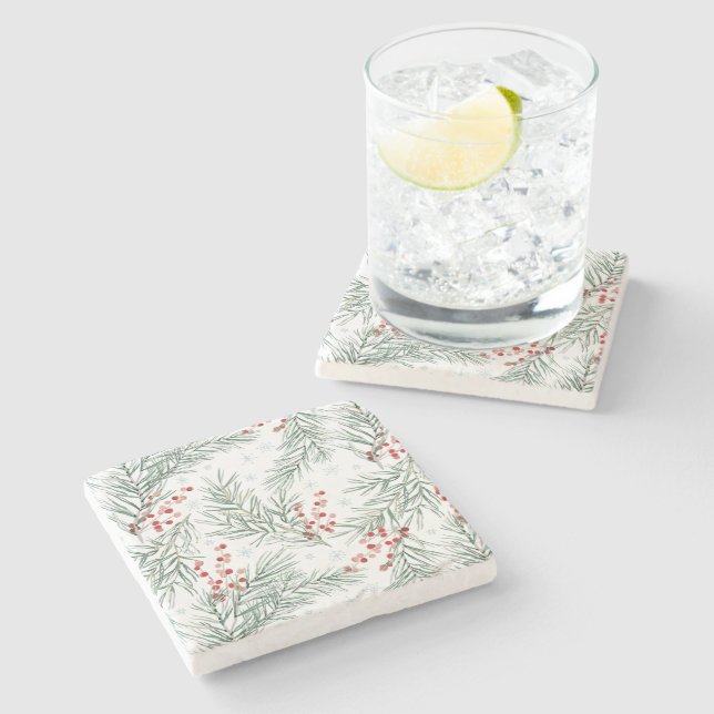 Red Winter Berry Botanical Christmas   Stone Coaster (Side)