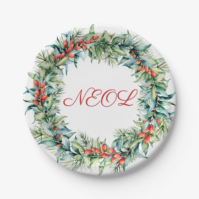 Red Winter Berry Christmas Wreath Paper Plate (Front)