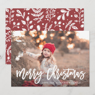 Red Winter Botanical Merry Christmas Script Photo Holiday Card