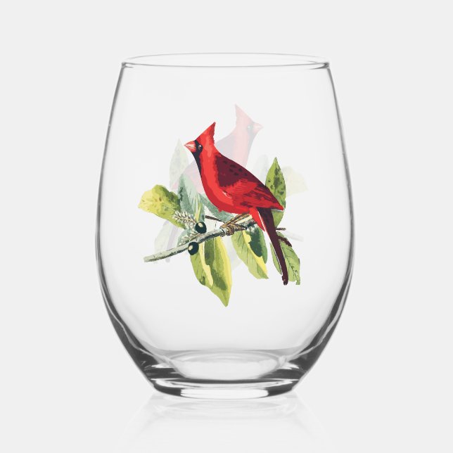 Red Winter Cardinal Bird Stemless Wine Glass (Front)