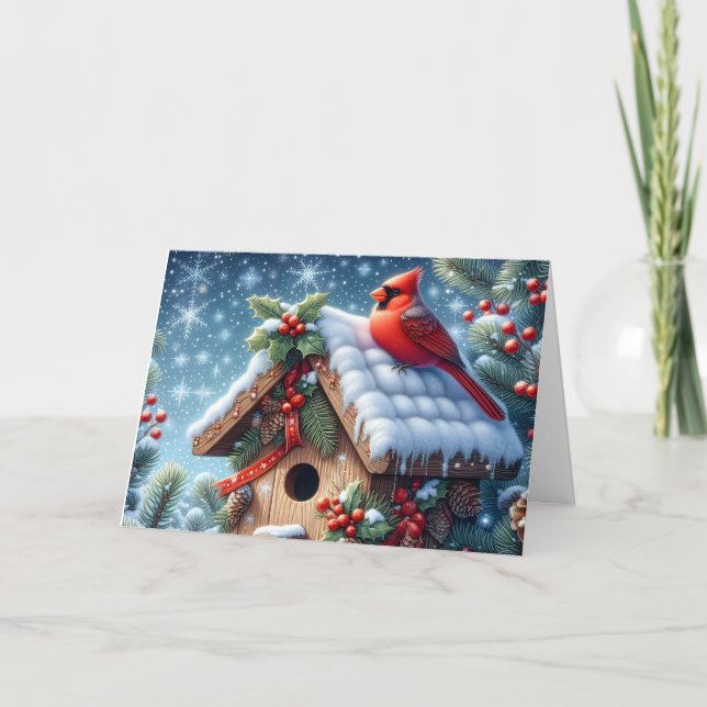 Red Winter Cardinal on Birdhouse Christmas Holiday Card (Front)