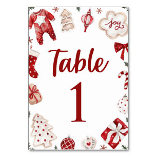 Red Winter Christmas Baby Shower Table Number Card