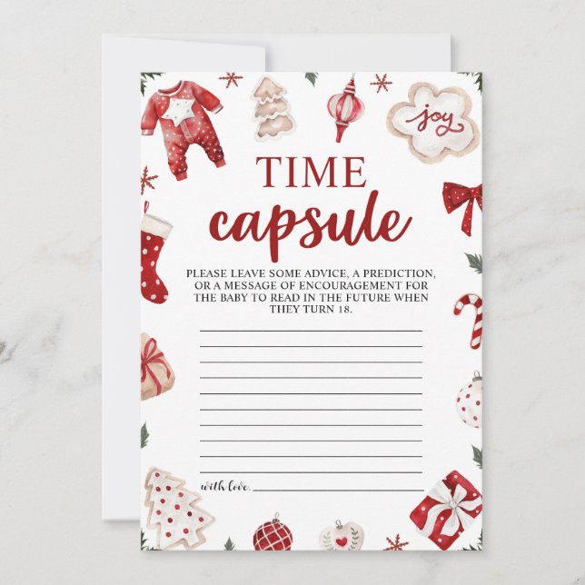 Red Winter Christmas Baby Shower Time Capsule Card (Front)