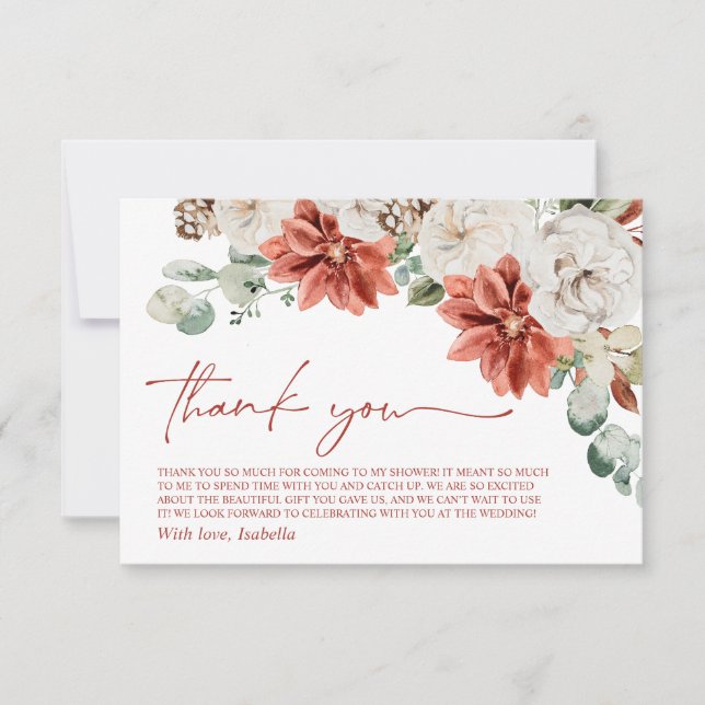 Red Winter Christmas Bridal Shower Thank you Card (Front)