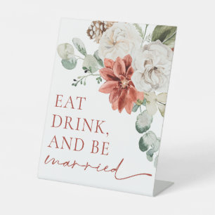 Red Winter Christmas Eat, Drink, and Be Married Pedestal Sign