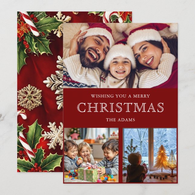 Red Winter Christmas Photo Collage Holiday Card (Front/Back)