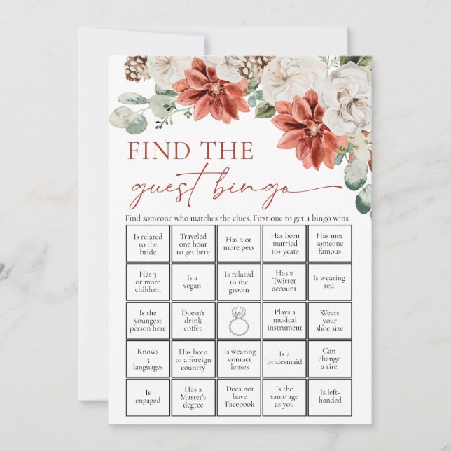 Red Winter Find the Guest Bingo Bridal Shower Game Invitation (Front)