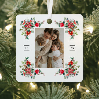 Red Winter Florals Photo Metal Tree Decoration