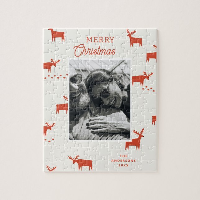 Red Winter Holiday Reindeer. Merry Christmas Photo Jigsaw Puzzle (Vertical)