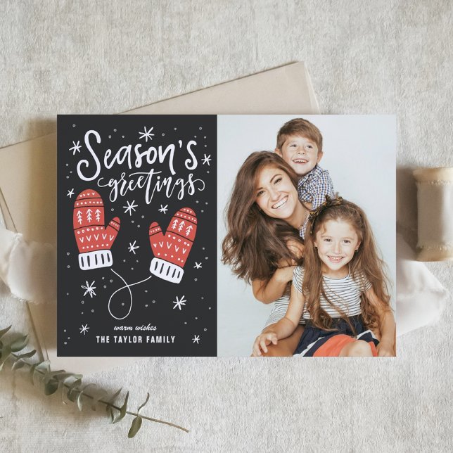Red Winter Mittens Season's Greetings Photo Holiday Card (Creator Uploaded)