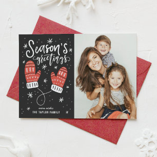 Red Winter Mittens Season's Greetings Photo Holiday Card
