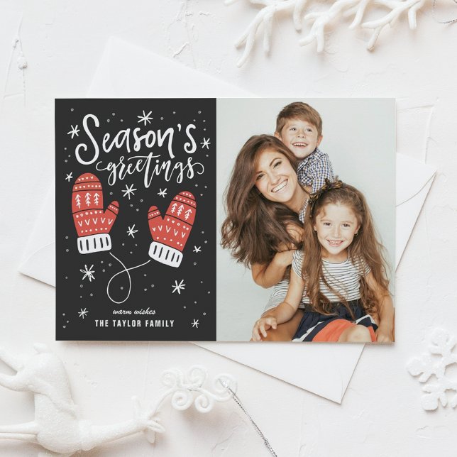 Red Winter Mittens Season's Greetings Photo Holiday Postcard (Creator Uploaded)