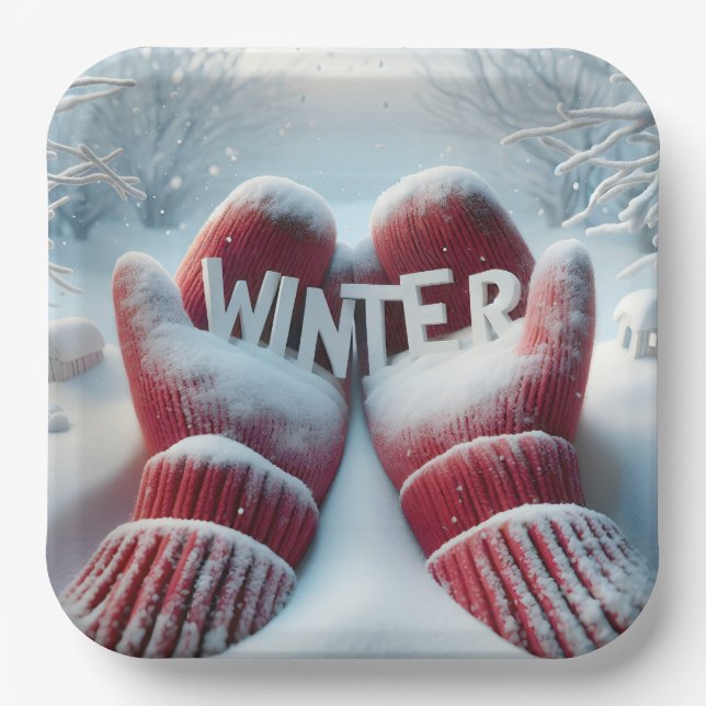 Red Winter Mittens With Snowflakes Paper Plate (Front)