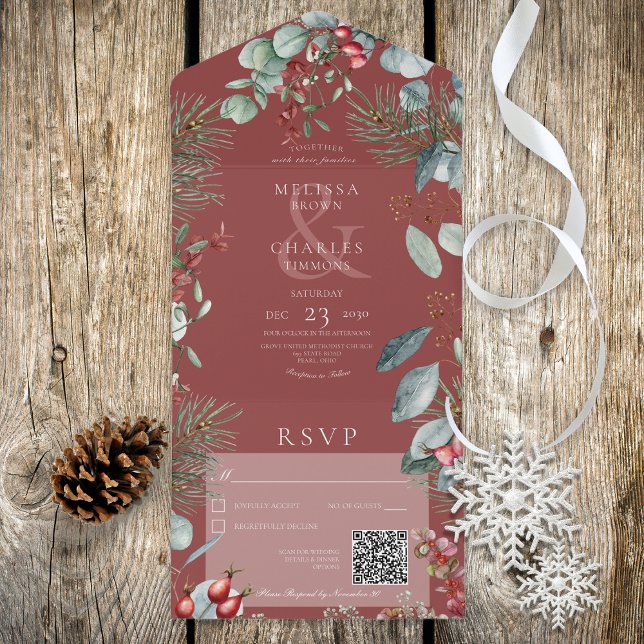 Red Winter Pine Berries Eucalyptus QR Code All In One Invitation (Creator Uploaded)