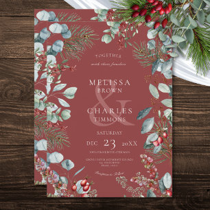 Red Winter Pine Berries Eucalyptus Wedding Invitation