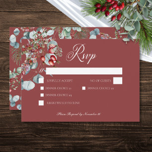 Red Winter Pine Berries Eucalyptus Wedding RSVP Card