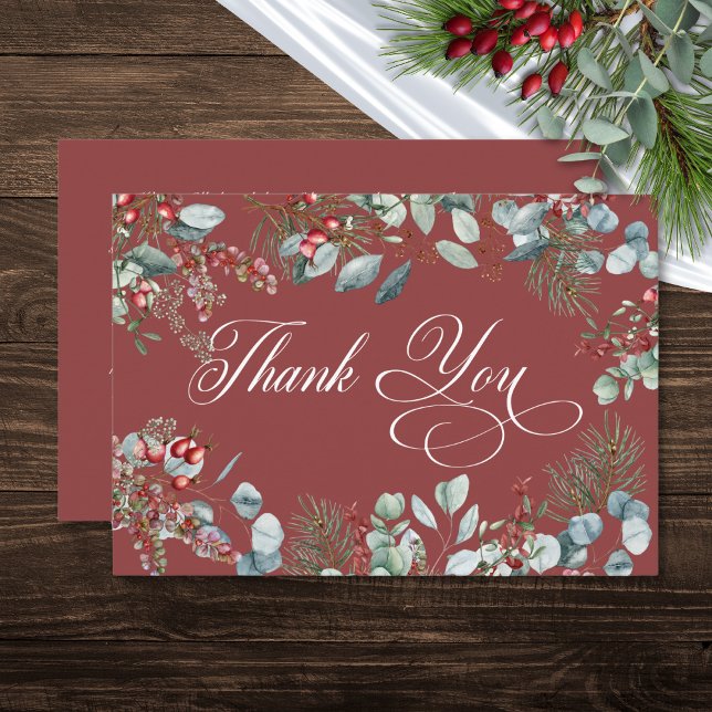 Red Winter Pine Berries Eucalyptus Wedding Thank You Card (Red Winter Pine Berries Eucalyptus Wedding Thank You Card)