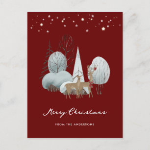 Red Winter Scene Stars Forest Deer Christmas Holiday Postcard