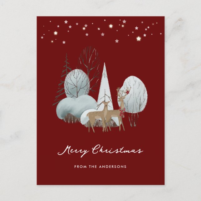 Red Winter Scene Stars Forest Deer Christmas Holiday Postcard (Front)