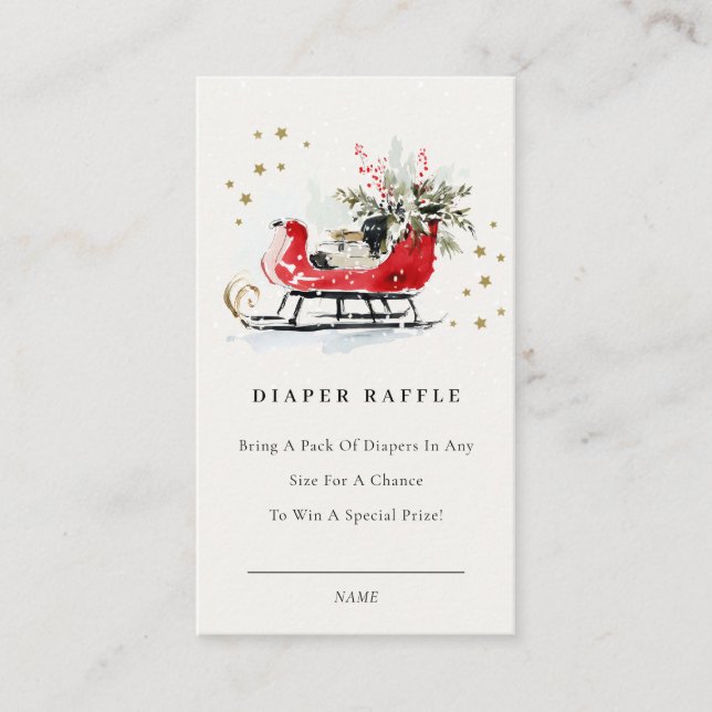 Red Winter Sleigh Diaper Raffle Baby Baby Shower Enclosure Card (Front)