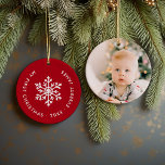 Red Winter Snowflake First Christmas Keepsake Ceramic Tree Decoration<br><div class="desc">Ceramic holiday ornament personalised with your baby's photo and custom "My First Christmas" text. This simple modern holiday design features a white snowflake on a festive red background. Use the design tools to choose any background colour, edit text fonts and colours and add your own photos to create your own...</div>