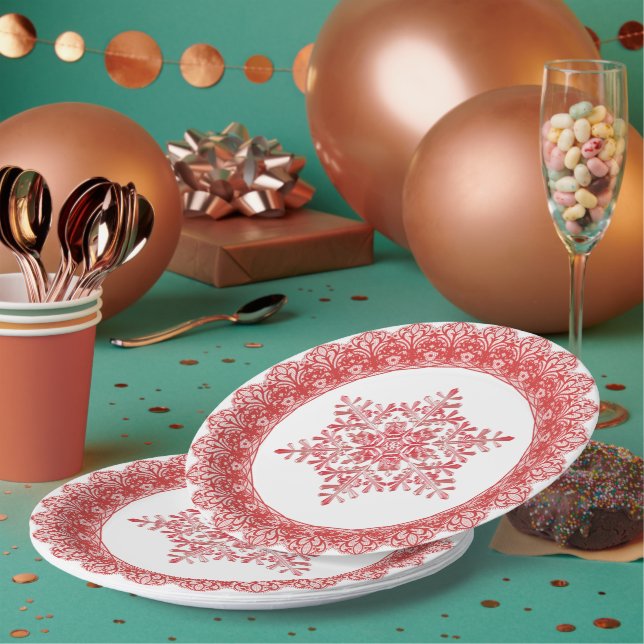 Red Winter Snowflake Lace Edge Paper Plate (Multi)