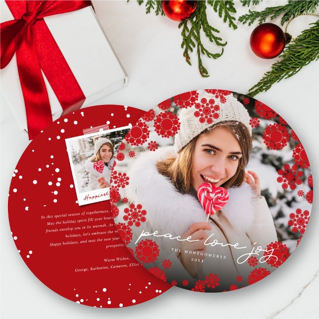 Red Winter Snowflakes Peace Love Joy Elegant Photo Holiday Card (Creator Uploaded)