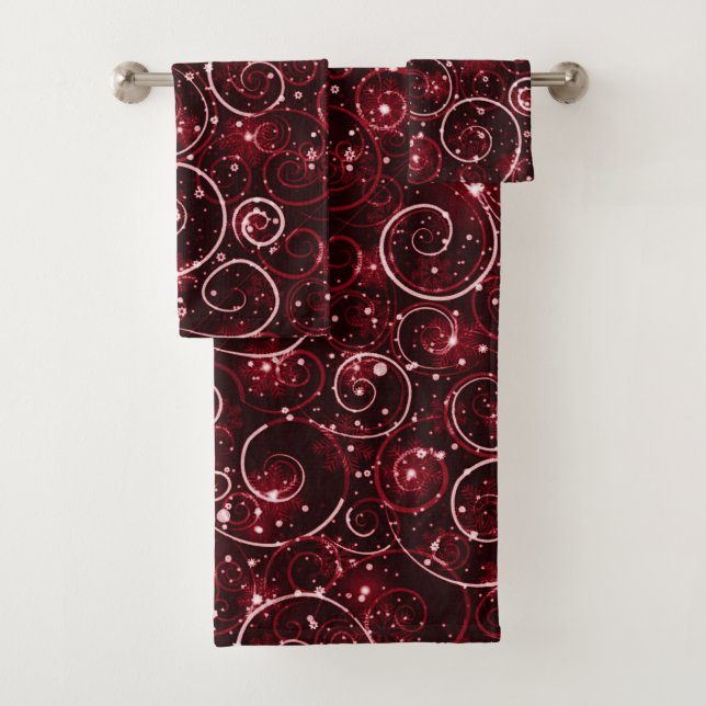 Red Winter Swirl Bath Towel Set (Insitu)