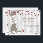 Red Winter Wedding Forest Snow Invitation<br><div class="desc">A winter wedding invitation featuring an illustration of a tree in the forest.  Tree has red,  silver,  and white leaves,  exposed roots,  and a trunk wrapped with banner that can be customised with bride & groom's names. Ground and background trees are white.  Wording is from bride and groom.</div>