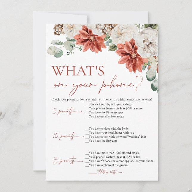 Red Winter What's On Your Phone Bridal Shower Game Invitation (Front)
