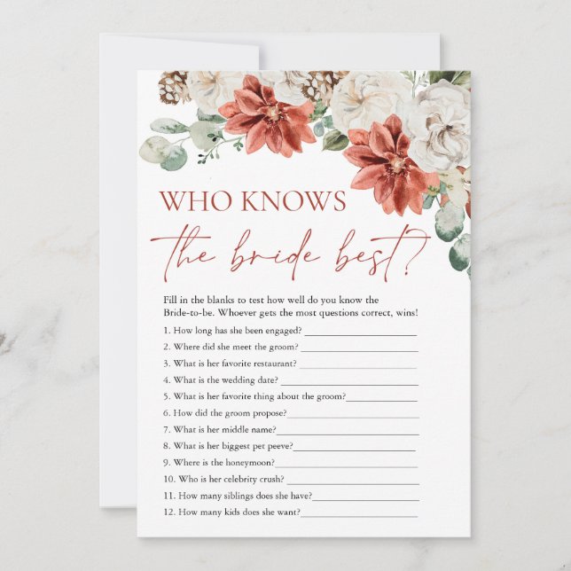 Red Winter Who Knows The Bride Best Bridal Game Invitation (Front)