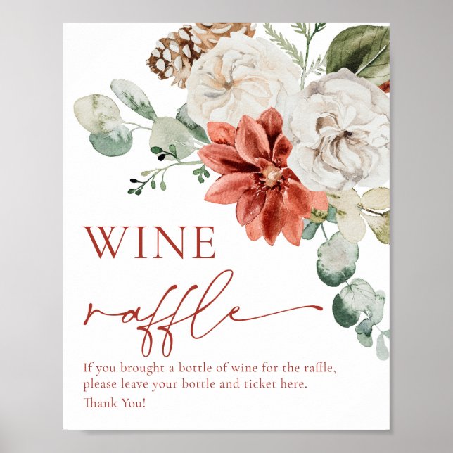 Red Winter Wine Raffle Bridal Shower Game Sign (Front)