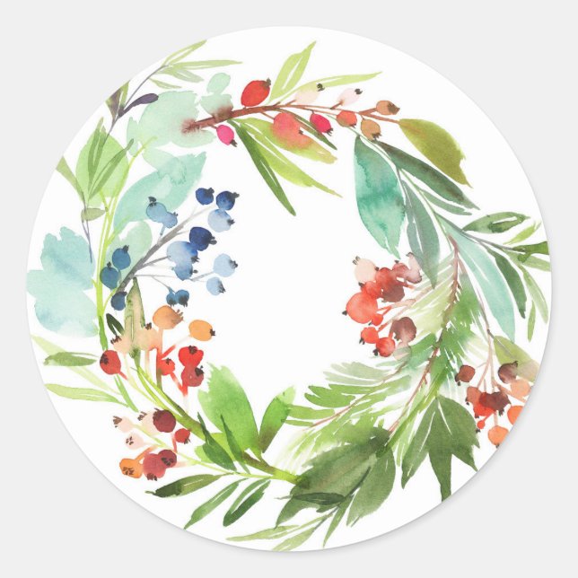 Red Winterberry and Juniper Wreath Christmas Classic Round Sticker (Front)