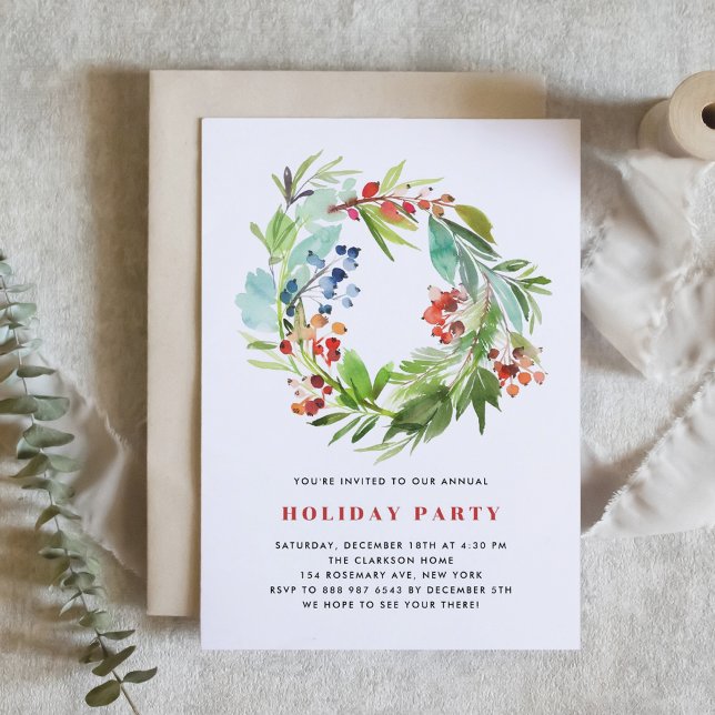 Red Winterberry and Juniper Wreath Holiday Party Invitation (Creator Uploaded)