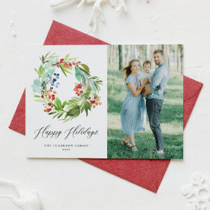 Red Winterberry and Juniper Wreath Photo Holiday Card