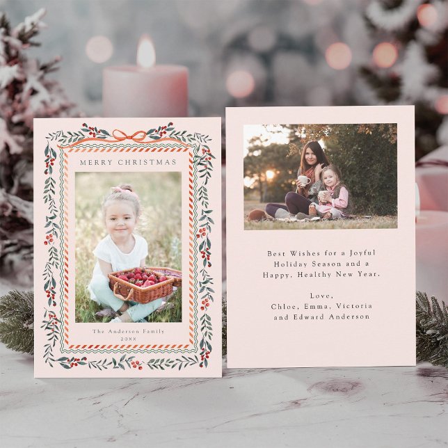 Red Winterberry Frame Christmas 2 Photo Blush Pink Holiday Card (Front & Back)