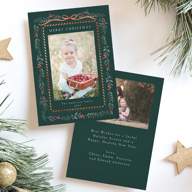 Red Winterberry Frame Christmas 2 Photo Green Holiday Card (Front & Back)
