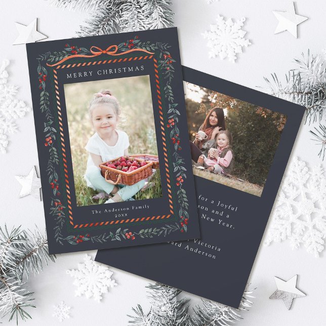Red Winterberry Frame Christmas 2 Photo Navy Blue Holiday Card (Front & Back)