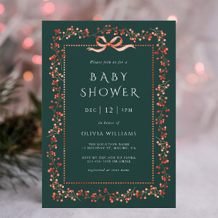 Red Winterberry Frame Forest Green Baby Shower Invitation
